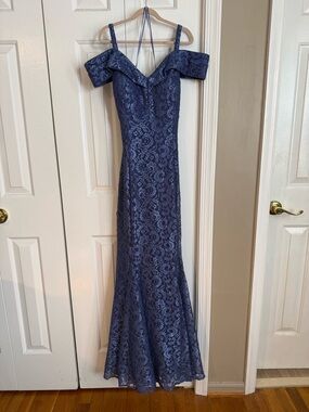 R&M Richards Off-the-Shoulder Lace Evening Gown